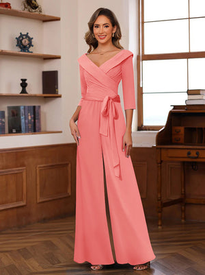 Chiffon V-Neck 3/4 Sleeveless Ruched Mother of the Bride Pantsuits with Sash