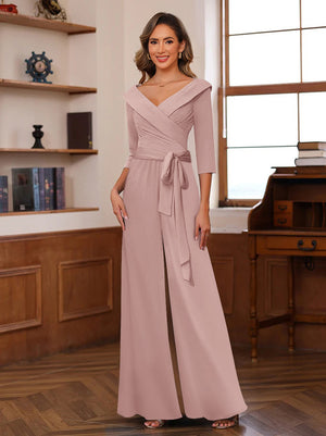 Chiffon V-Neck 3/4 Sleeveless Ruched Mother of the Bride Pantsuits with Sash