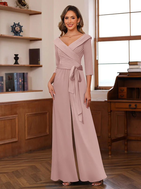 Chiffon V-Neck 3/4 Sleeveless Ruched Mother of the Bride Pantsuits with Sash