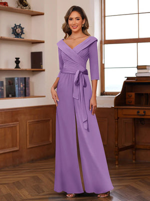 Chiffon V-Neck 3/4 Sleeveless Ruched Mother of the Bride Pantsuits with Sash