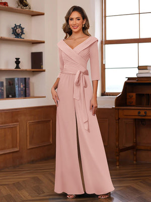 Chiffon V-Neck 3/4 Sleeveless Ruched Mother of the Bride Pantsuits with Sash