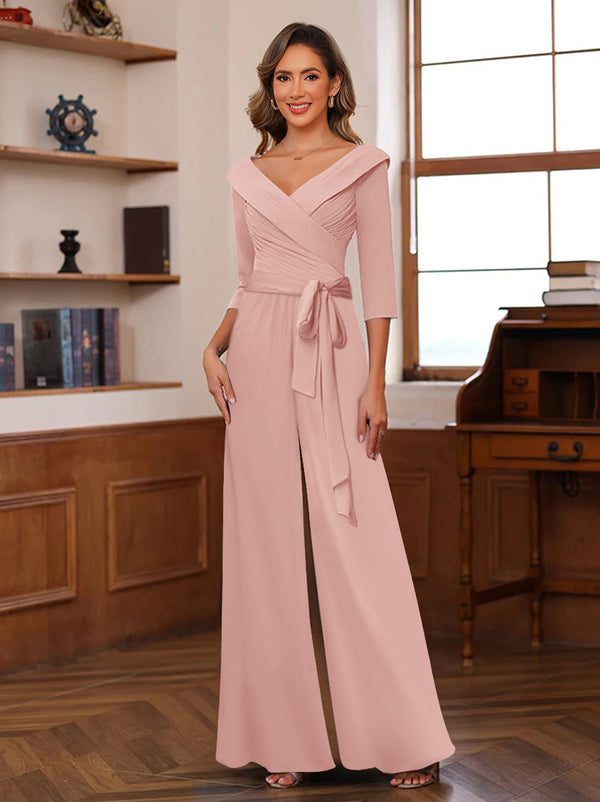 Chiffon V-Neck 3/4 Sleeveless Ruched Mother of the Bride Pantsuits with Sash