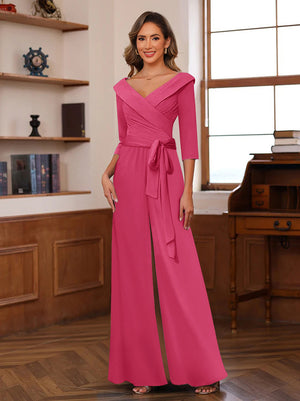 Chiffon V-Neck 3/4 Sleeveless Ruched Mother of the Bride Pantsuits with Sash