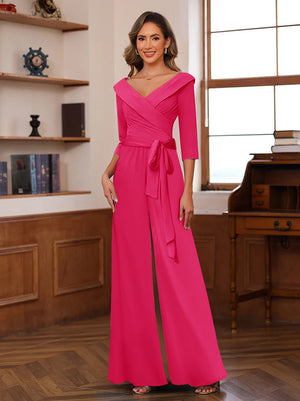 Chiffon V-Neck 3/4 Sleeveless Ruched Mother of the Bride Pantsuits with Sash