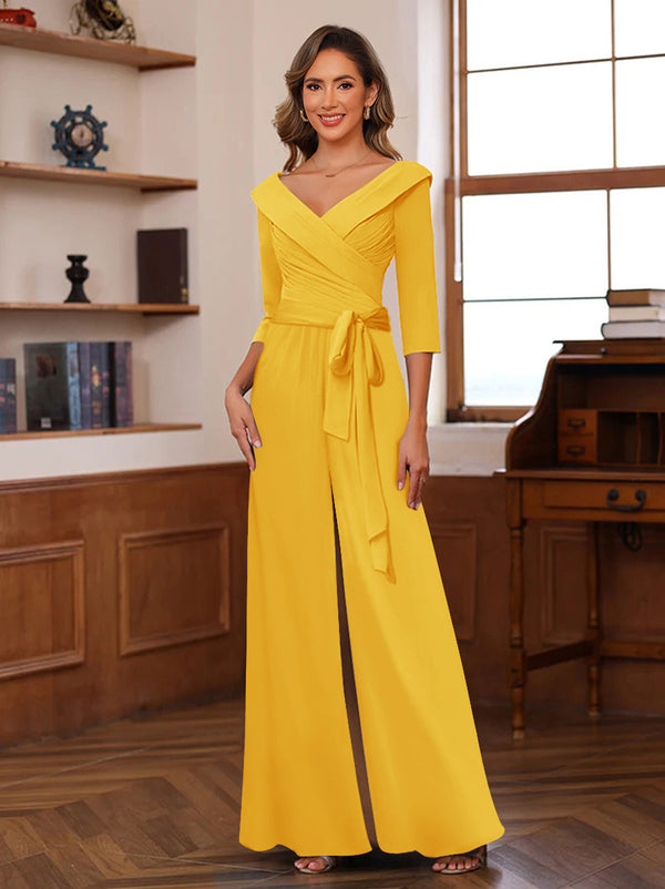 Chiffon V-Neck 3/4 Sleeveless Ruched Mother of the Bride Pantsuits with Sash