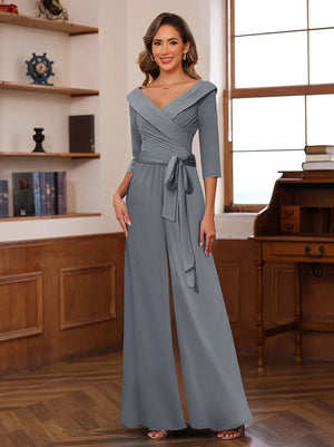 Chiffon V-Neck 3/4 Sleeveless Ruched Mother of the Bride Pantsuits with Sash
