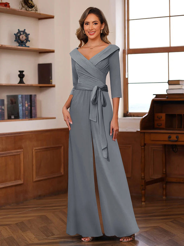 Chiffon V-Neck 3/4 Sleeveless Ruched Mother of the Bride Pantsuits with Sash