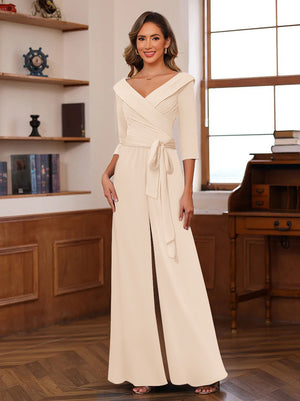 Chiffon V-Neck 3/4 Sleeveless Ruched Mother of the Bride Pantsuits with Sash