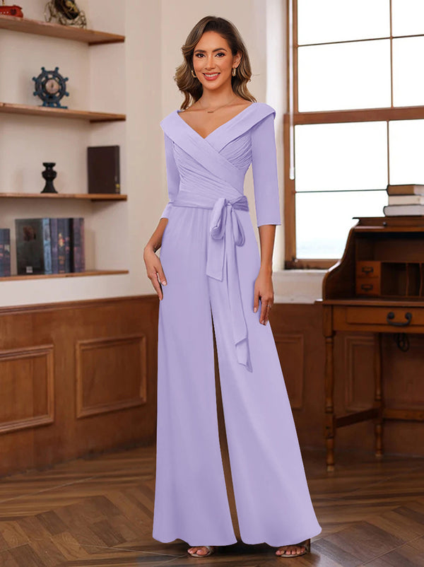 Chiffon V-Neck 3/4 Sleeveless Ruched Mother of the Bride Pantsuits with Sash