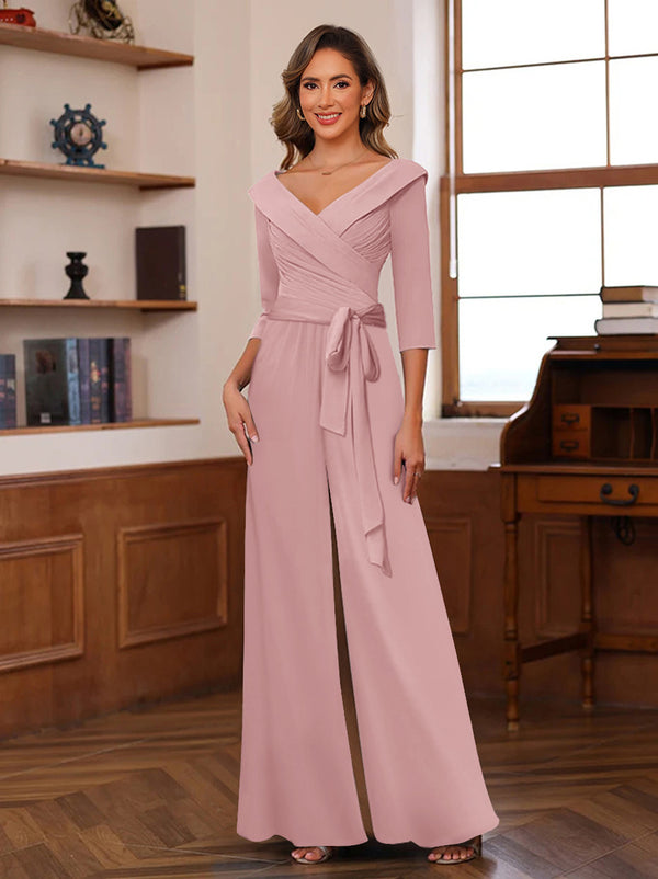 Chiffon V-Neck 3/4 Sleeveless Ruched Mother of the Bride Pantsuits with Sash