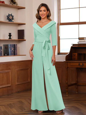 Chiffon V-Neck 3/4 Sleeveless Ruched Mother of the Bride Pantsuits with Sash
