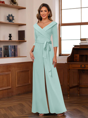 Chiffon V-Neck 3/4 Sleeveless Ruched Mother of the Bride Pantsuits with Sash