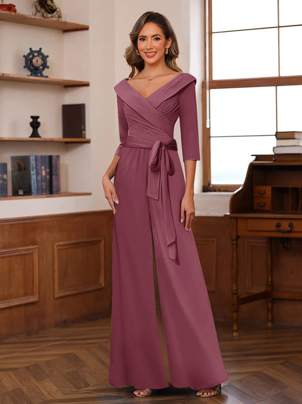 Chiffon V-Neck 3/4 Sleeveless Ruched Mother of the Bride Pantsuits with Sash