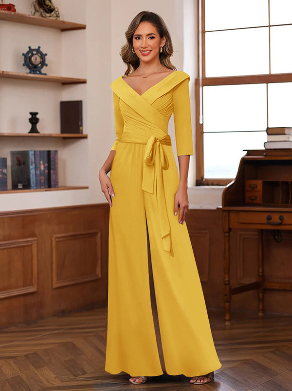 Chiffon V-Neck 3/4 Sleeveless Ruched Mother of the Bride Pantsuits with Sash