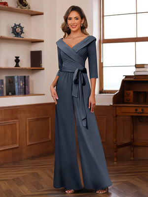 Chiffon V-Neck 3/4 Sleeveless Ruched Mother of the Bride Pantsuits with Sash