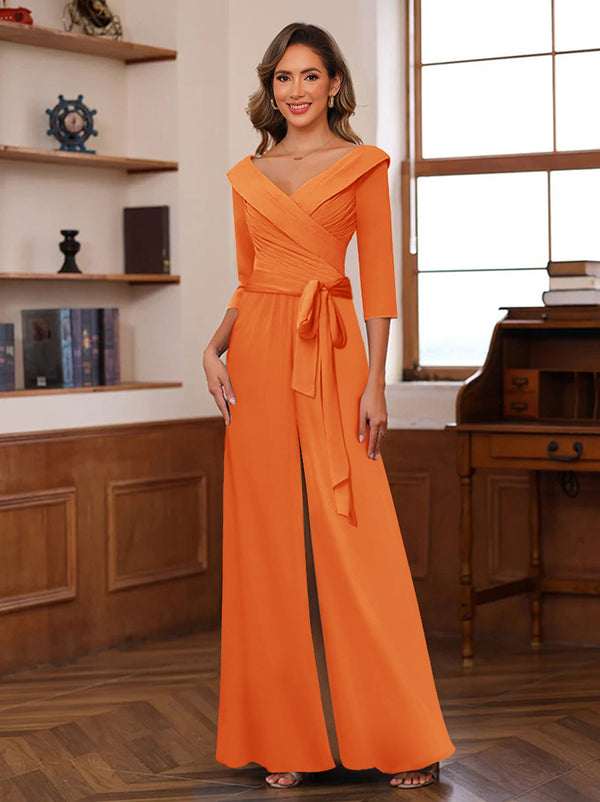 Chiffon V-Neck 3/4 Sleeveless Ruched Mother of the Bride Pantsuits with Sash