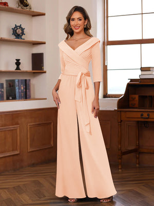 Chiffon V-Neck 3/4 Sleeveless Ruched Mother of the Bride Pantsuits with Sash