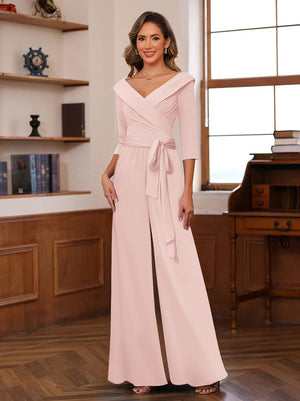Chiffon V-Neck 3/4 Sleeveless Ruched Mother of the Bride Pantsuits with Sash