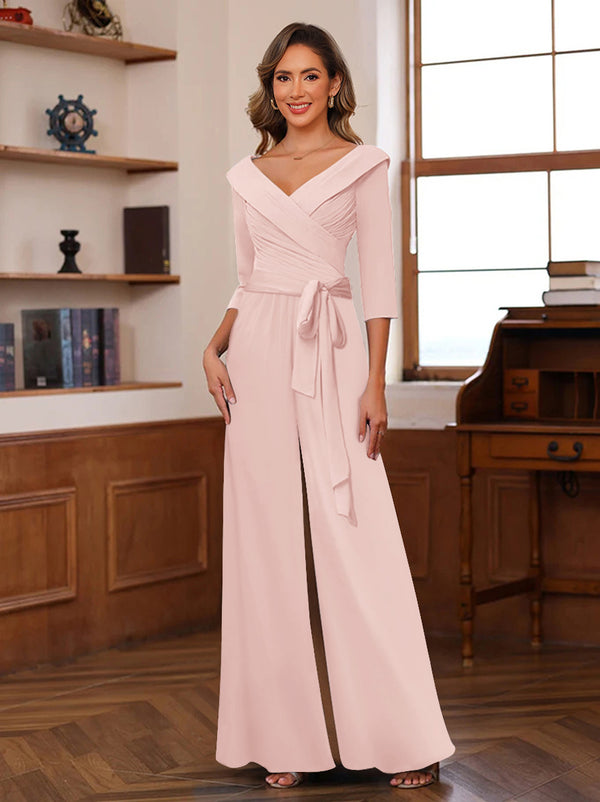 Chiffon V-Neck 3/4 Sleeveless Ruched Mother of the Bride Pantsuits with Sash