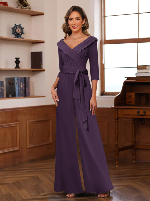 Chiffon V-Neck 3/4 Sleeveless Ruched Mother of the Bride Pantsuits with Sash