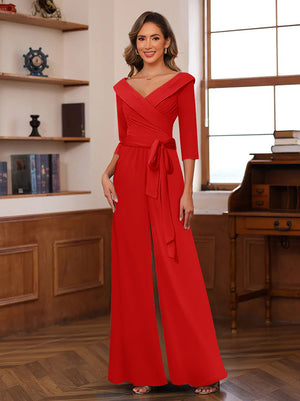 Chiffon V-Neck 3/4 Sleeveless Ruched Mother of the Bride Pantsuits with Sash