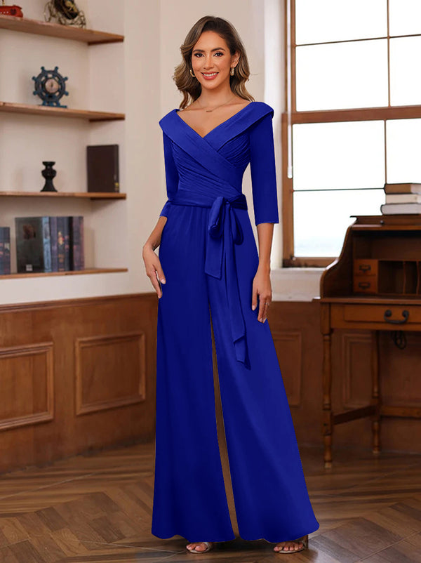 Chiffon V-Neck 3/4 Sleeveless Ruched Mother of the Bride Pantsuits with Sash