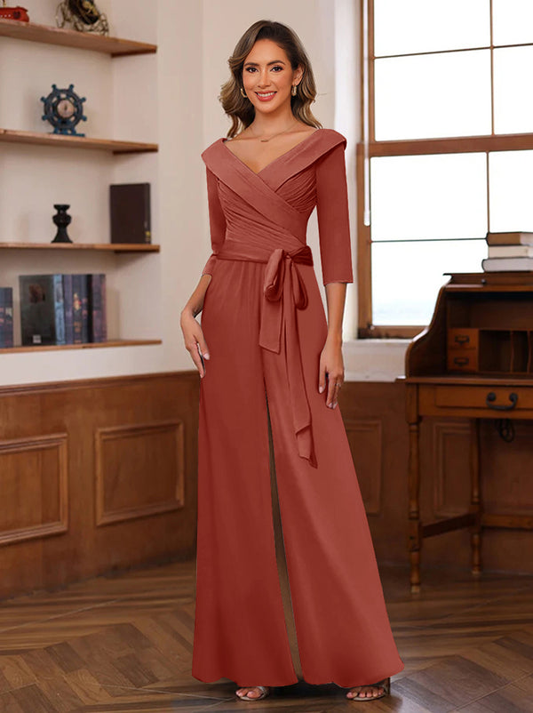 Chiffon V-Neck 3/4 Sleeveless Ruched Mother of the Bride Pantsuits with Sash
