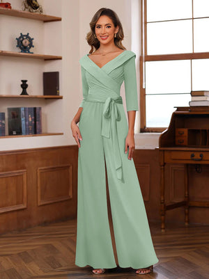 Chiffon V-Neck 3/4 Sleeveless Ruched Mother of the Bride Pantsuits with Sash