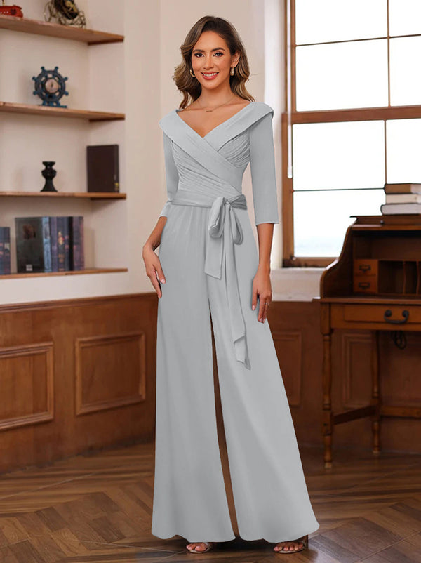 Chiffon V-Neck 3/4 Sleeveless Ruched Mother of the Bride Pantsuits with Sash