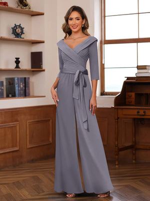 Chiffon V-Neck 3/4 Sleeveless Ruched Mother of the Bride Pantsuits with Sash