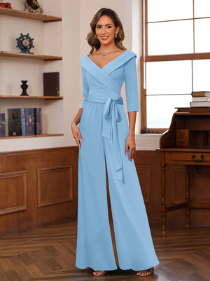 Chiffon V-Neck 3/4 Sleeveless Ruched Mother of the Bride Pantsuits with Sash