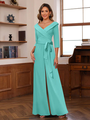 Chiffon V-Neck 3/4 Sleeveless Ruched Mother of the Bride Pantsuits with Sash
