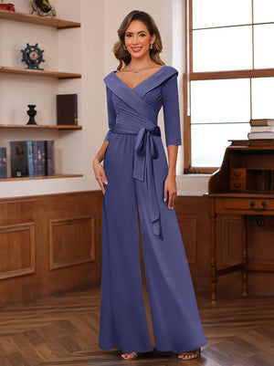 Chiffon V-Neck 3/4 Sleeveless Ruched Mother of the Bride Pantsuits with Sash