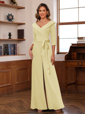 Chiffon V-Neck 3/4 Sleeveless Ruched Mother of the Bride Pantsuits with Sash