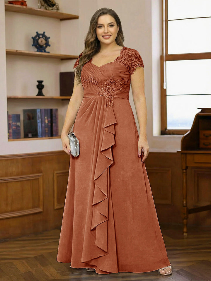 A-Line/Princess Sweetheart Short Sleeves Plus Size Mother of the Bride Dresses with Appliques &amp; Ruffles