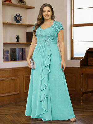 A-Line/Princess Sweetheart Short Sleeves Plus Size Mother of the Bride Dresses with Appliques & Ruffles