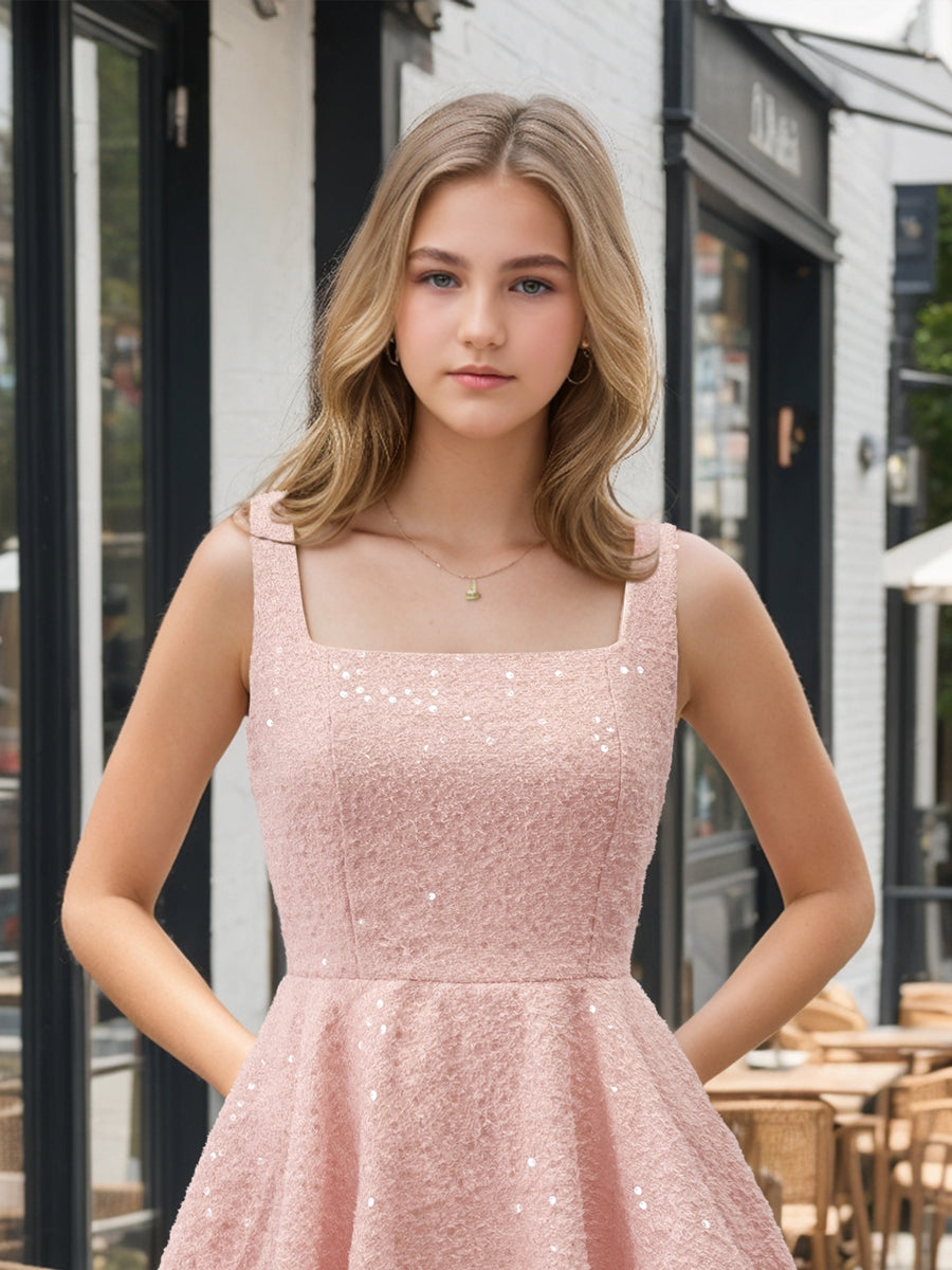A-Line Chich Square Neck Sequin Short Homecoming Dresses with Bow