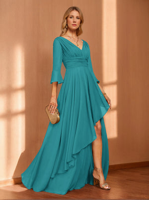 A-Line/Princess Hi-Low V-Neck 3/4 Sleeves Chiffon Mother of the Bride Dresses