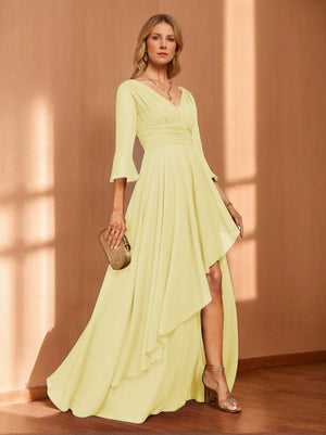 A-Line/Princess Hi-Low V-Neck 3/4 Sleeves Chiffon Mother of the Bride Dresses
