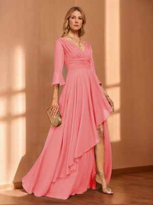 A-Line/Princess Hi-Low V-Neck 3/4 Sleeves Chiffon Mother of the Bride Dresses