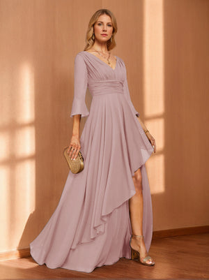 A-Line/Princess Hi-Low V-Neck 3/4 Sleeves Chiffon Mother of the Bride Dresses