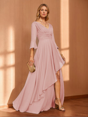 A-Line/Princess Hi-Low V-Neck 3/4 Sleeves Chiffon Mother of the Bride Dresses