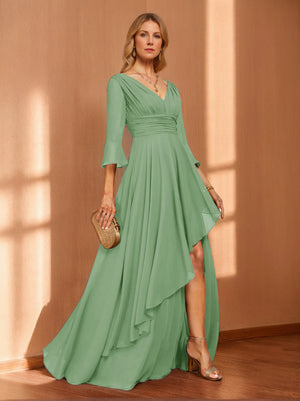 A-Line/Princess Hi-Low V-Neck 3/4 Sleeves Chiffon Mother of the Bride Dresses
