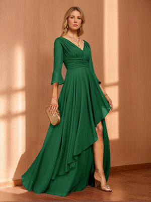A-Line/Princess Hi-Low V-Neck 3/4 Sleeves Chiffon Mother of the Bride Dresses