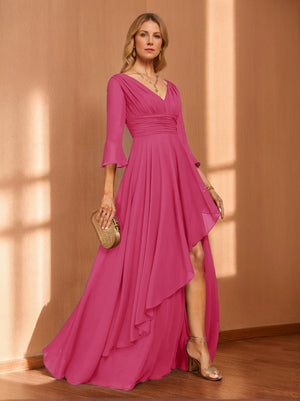 A-Line/Princess Hi-Low V-Neck 3/4 Sleeves Chiffon Mother of the Bride Dresses