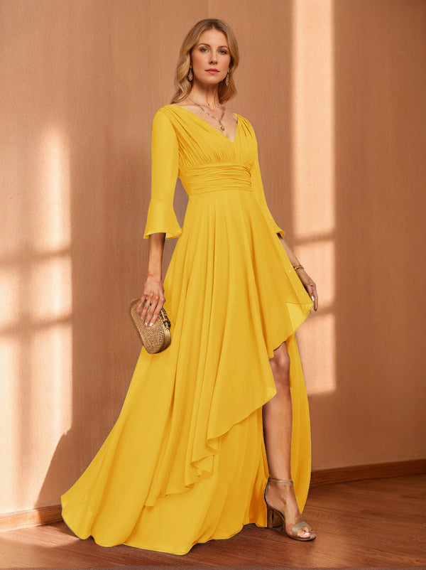 A-Line/Princess Hi-Low V-Neck 3/4 Sleeves Chiffon Mother of the Bride Dresses