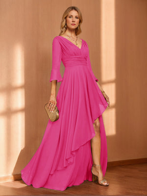 A-Line/Princess Hi-Low V-Neck 3/4 Sleeves Chiffon Mother of the Bride Dresses