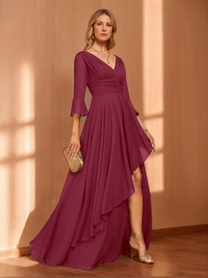 A-Line/Princess Hi-Low V-Neck 3/4 Sleeves Chiffon Mother of the Bride Dresses