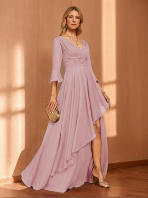 A-Line/Princess Hi-Low V-Neck 3/4 Sleeves Chiffon Mother of the Bride Dresses