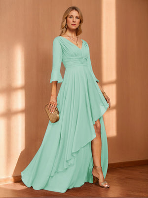 A-Line/Princess Hi-Low V-Neck 3/4 Sleeves Chiffon Mother of the Bride Dresses